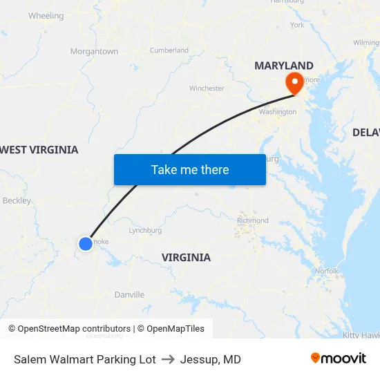 Salem Walmart Parking Lot to Jessup, MD map