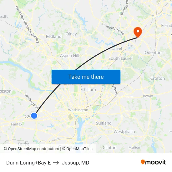 Dunn Loring+Bay E to Jessup, MD map