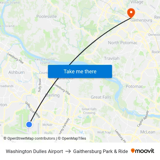 Washington Dulles Airport to Gaithersburg Park & Ride map
