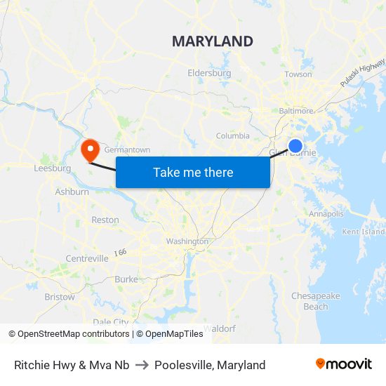 Ritchie Hwy & Mva Nb to Poolesville, Maryland map