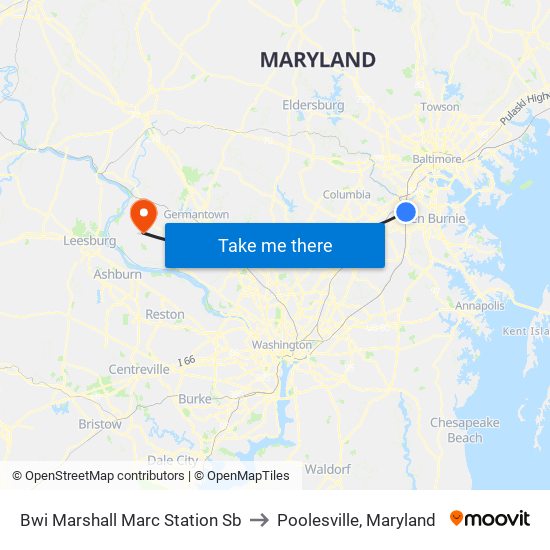 Bwi Marshall Marc Station Sb to Poolesville, Maryland map