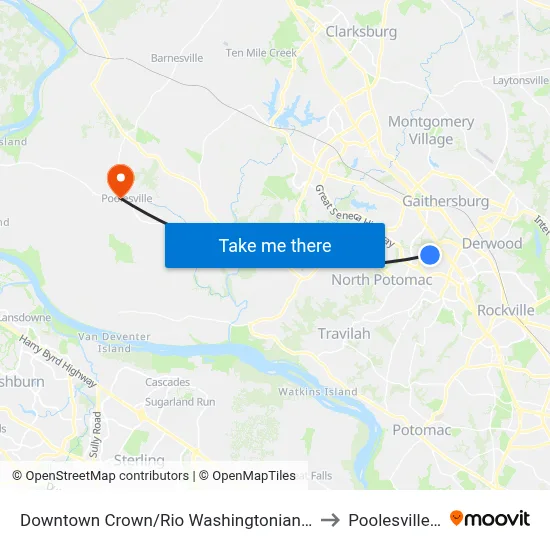 Downtown Crown/Rio Washingtonian Center & Ellington Boulevard to Poolesville, Maryland map