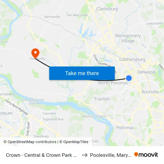 Crown - Central & Crown Park Avenue to Poolesville, Maryland map