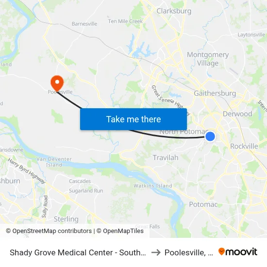 Shady Grove Medical Center - South & Medical Center Way to Poolesville, Maryland map