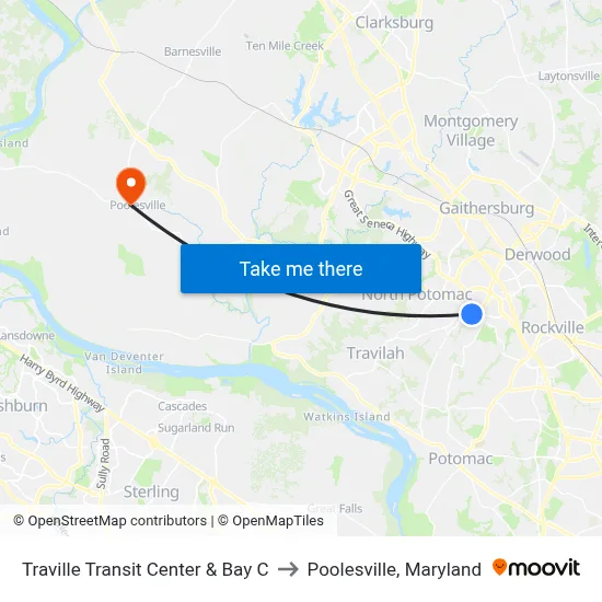 Traville Transit Center & Bay C to Poolesville, Maryland map