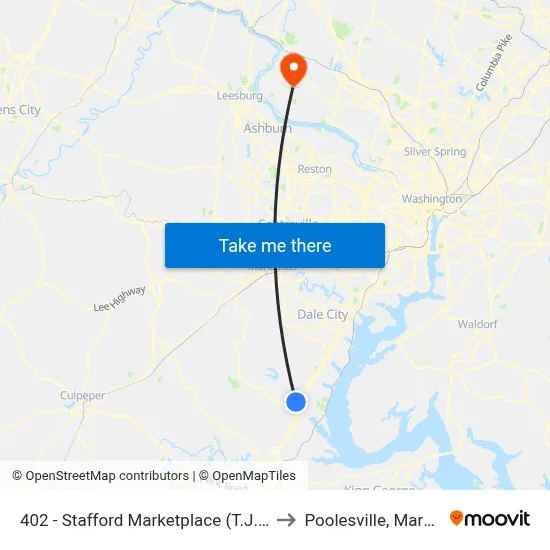 402 - Stafford Marketplace (T.J. Maxx) to Poolesville, Maryland map