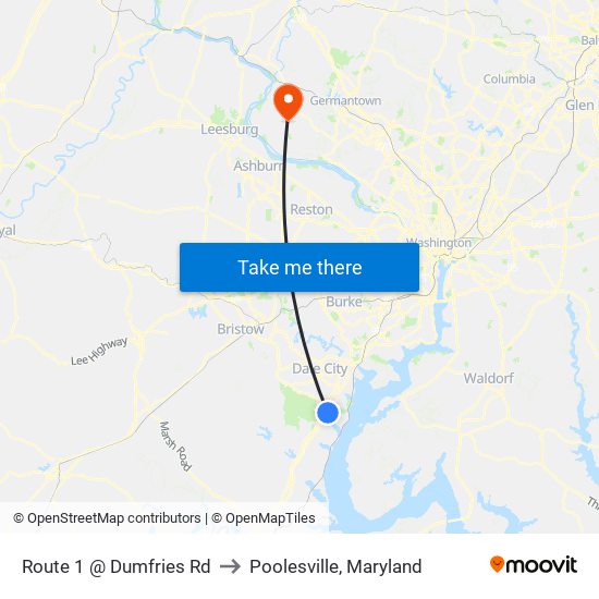 Route 1 @ Dumfries Rd to Poolesville, Maryland map