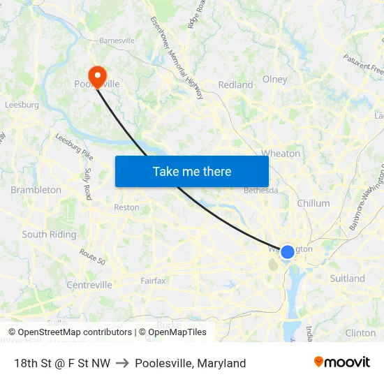 18th St @ F St NW to Poolesville, Maryland map