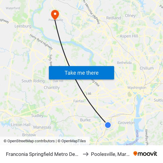 Franconia Springfield Metro Departures to Poolesville, Maryland map