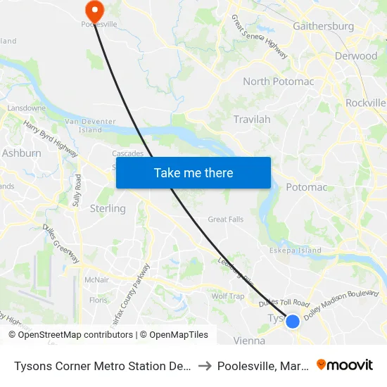 Tysons Corner Metro Station Departures to Poolesville, Maryland map