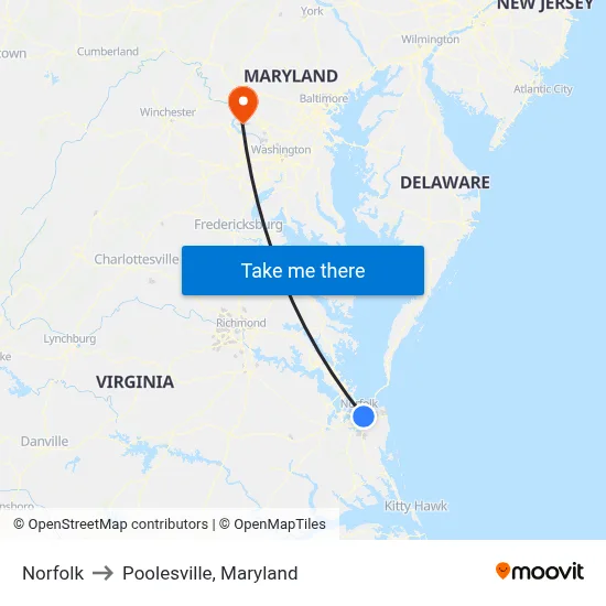 Norfolk to Poolesville, Maryland map