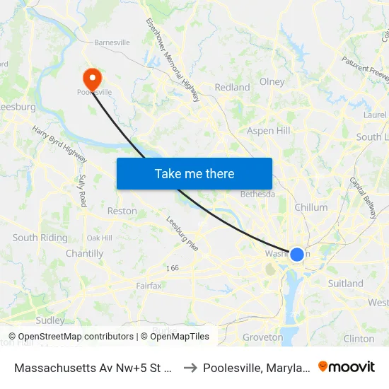 Massachusetts Av Nw+5 St NW to Poolesville, Maryland map
