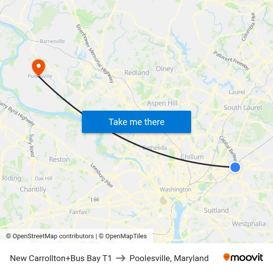 New Carrollton+Bus Bay T1 to Poolesville, Maryland map