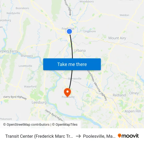 Transit Center (Frederick Marc Train Station) to Poolesville, Maryland map