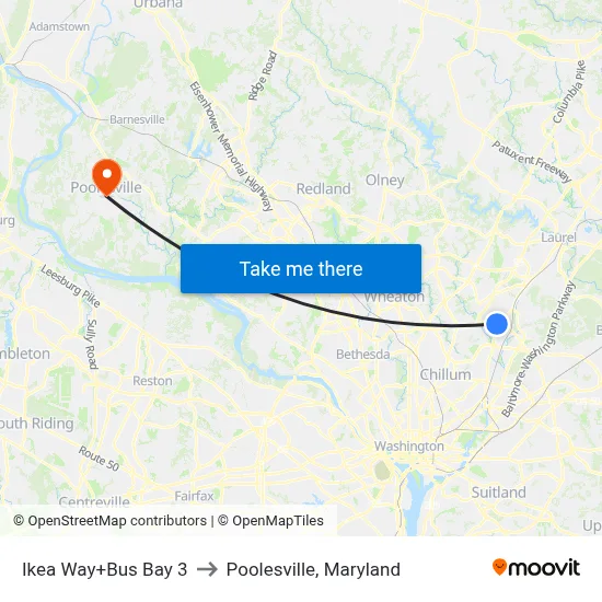 Ikea Way+Bus Bay 3 to Poolesville, Maryland map