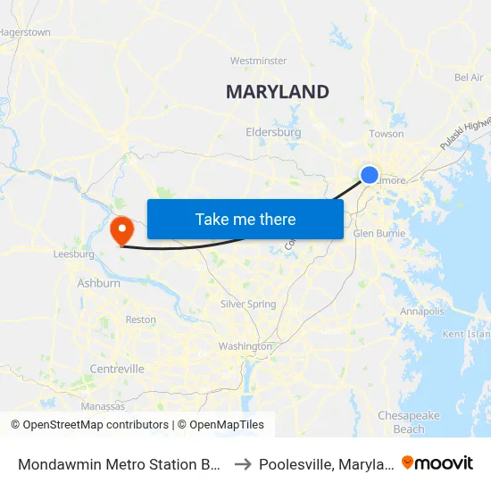 Mondawmin Metro Station Bay 9 to Poolesville, Maryland map