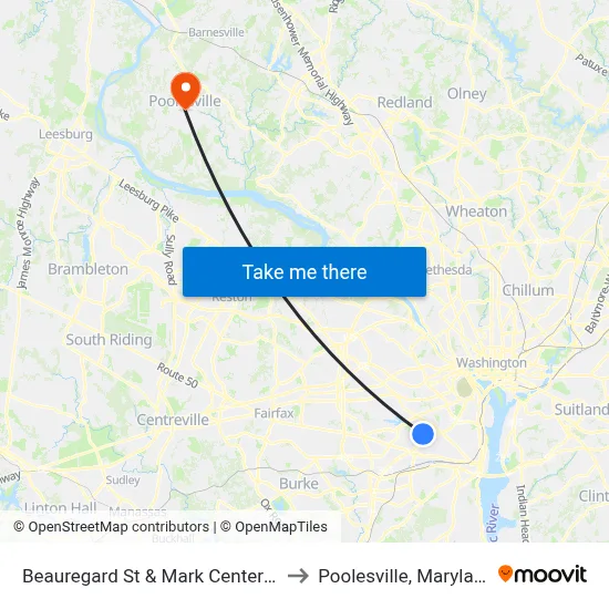 Beauregard St & Mark Center Dr to Poolesville, Maryland map