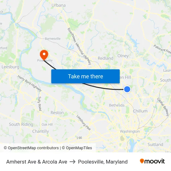 Amherst Ave & Arcola Ave to Poolesville, Maryland map