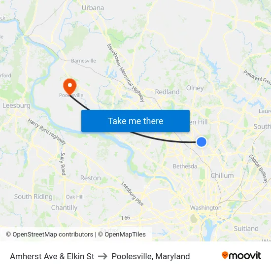 Amherst Ave & Elkin St to Poolesville, Maryland map
