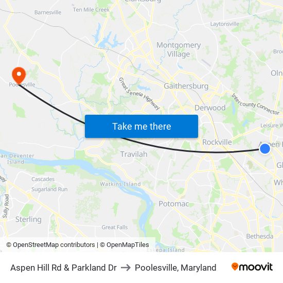 Aspen Hill Rd & Parkland Dr to Poolesville, Maryland map