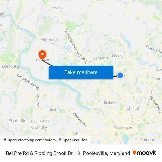 Bel Pre Rd & Rippling Brook Dr to Poolesville, Maryland map