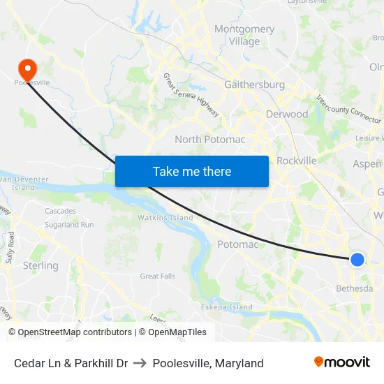 Cedar Ln & Parkhill Dr to Poolesville, Maryland map