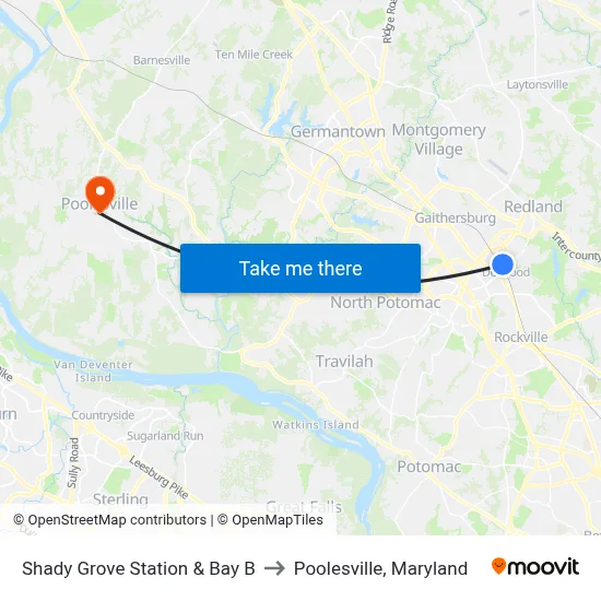 Shady Grove Station & Bay B to Poolesville, Maryland map