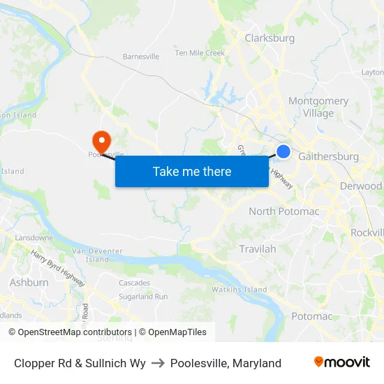 Clopper Rd & Sullnich Wy to Poolesville, Maryland map