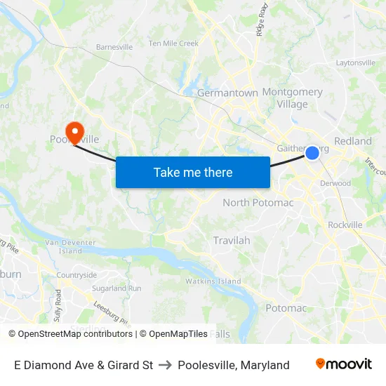 E Diamond Ave & Girard St to Poolesville, Maryland map