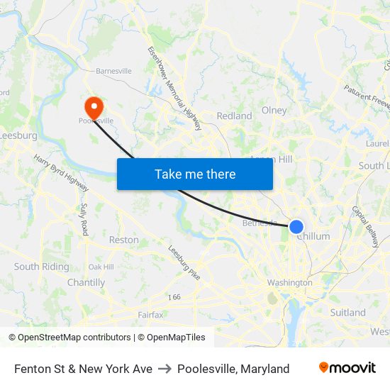 Fenton St & New York Ave to Poolesville, Maryland map