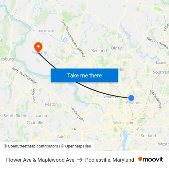 Flower Ave & Maplewood Ave to Poolesville, Maryland map