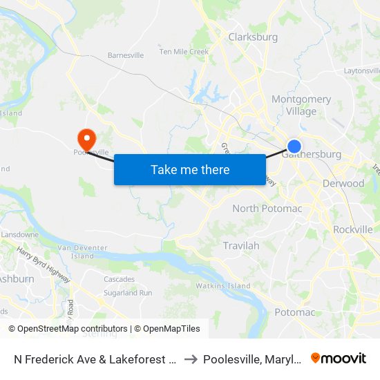 N Frederick Ave & Lakeforest Blvd to Poolesville, Maryland map