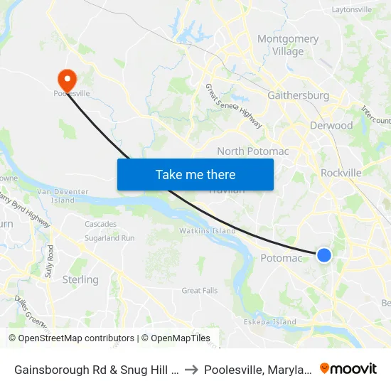 Gainsborough Rd & Snug Hill Ln to Poolesville, Maryland map