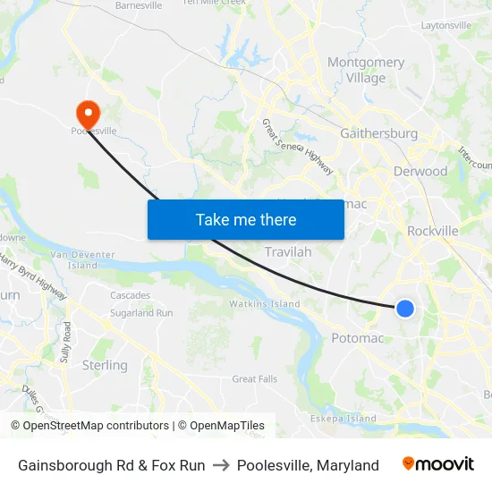 Gainsborough Rd & Fox Run to Poolesville, Maryland map
