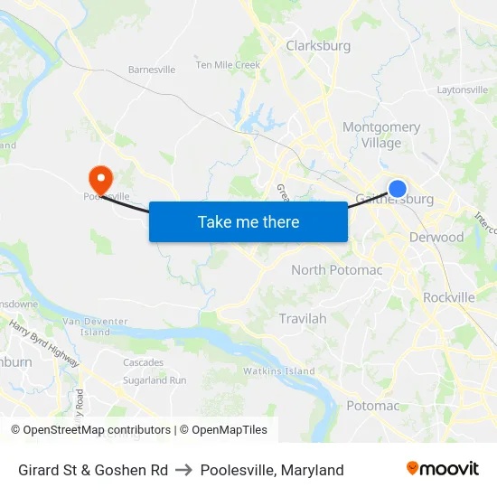 Girard St & Goshen Rd to Poolesville, Maryland map