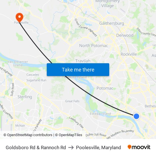 Goldsboro Rd & Rannoch Rd to Poolesville, Maryland map