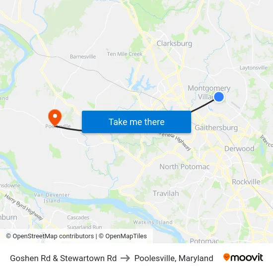 Goshen Rd & Stewartown Rd to Poolesville, Maryland map
