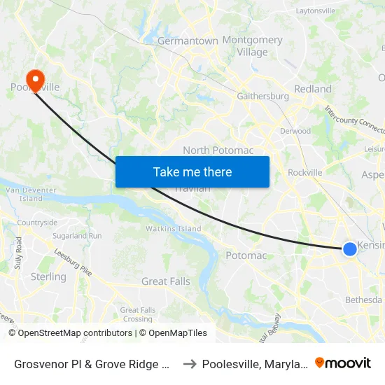 Grosvenor Pl & Grove Ridge Way to Poolesville, Maryland map