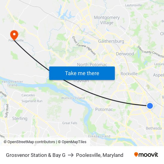 Grosvenor Station & Bay G to Poolesville, Maryland map