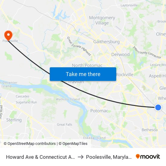 Howard Ave & Connecticut Ave to Poolesville, Maryland map