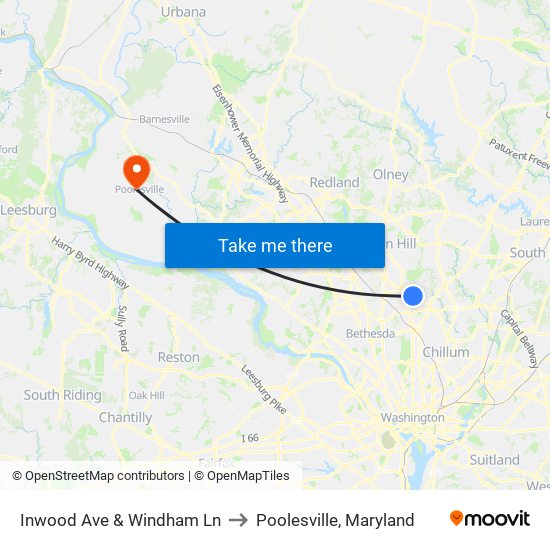 Inwood Ave & Windham Ln to Poolesville, Maryland map
