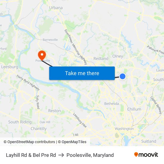 Layhill Rd & Bel Pre Rd to Poolesville, Maryland map