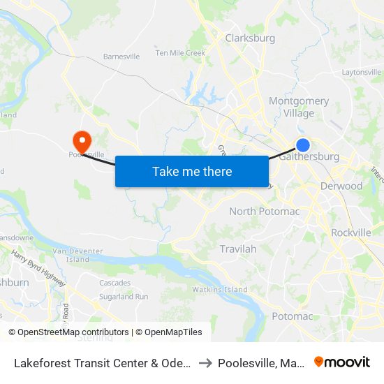 Lakeforest Transit Center & Odendhal Ave to Poolesville, Maryland map