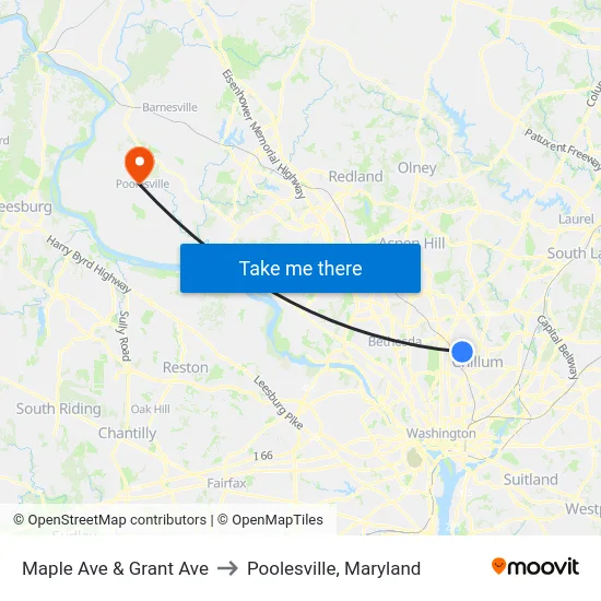 Maple Ave & Grant Ave to Poolesville, Maryland map