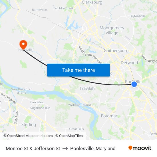 Monroe St & Jefferson St to Poolesville, Maryland map