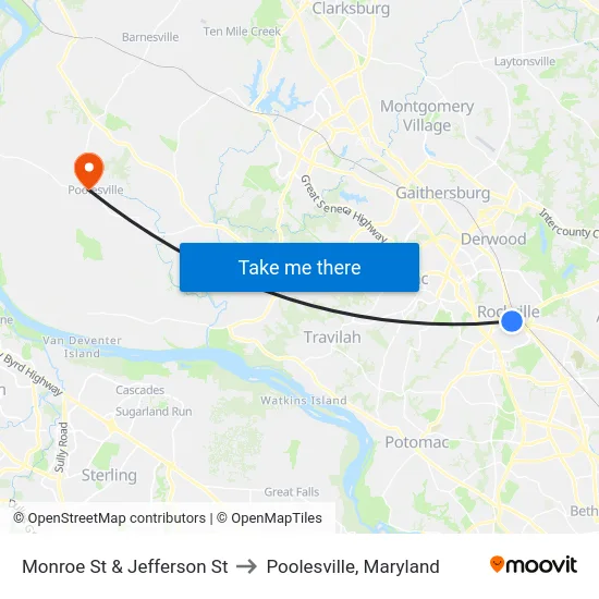 Monroe St & Jefferson St to Poolesville, Maryland map