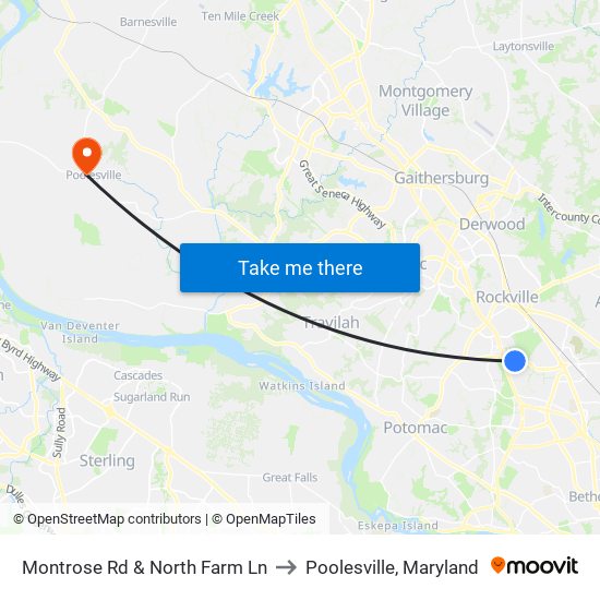 Montrose Rd & North Farm Ln to Poolesville, Maryland map