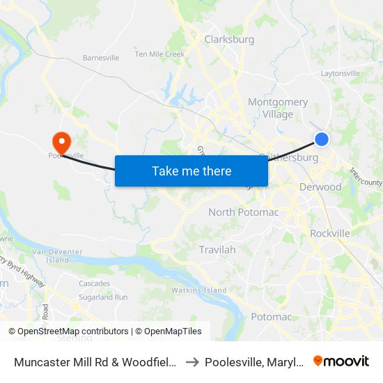 Muncaster Mill Rd & Woodfield Rd to Poolesville, Maryland map