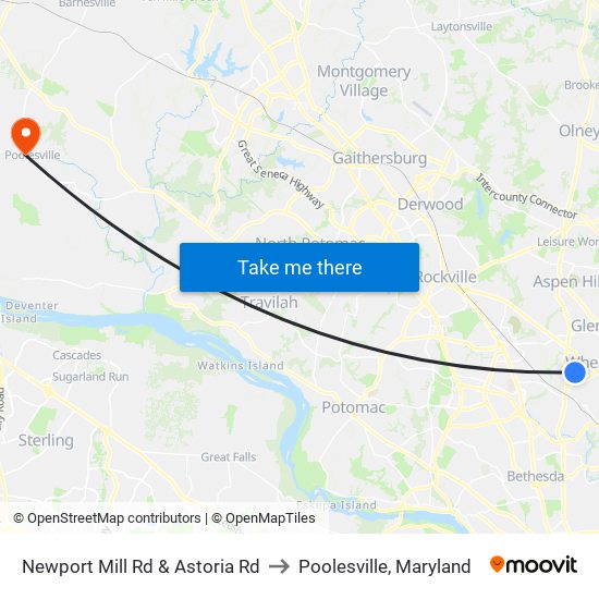 Newport Mill Rd & Astoria Rd to Poolesville, Maryland map