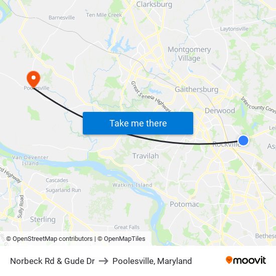 Norbeck Rd & Gude Dr to Poolesville, Maryland map